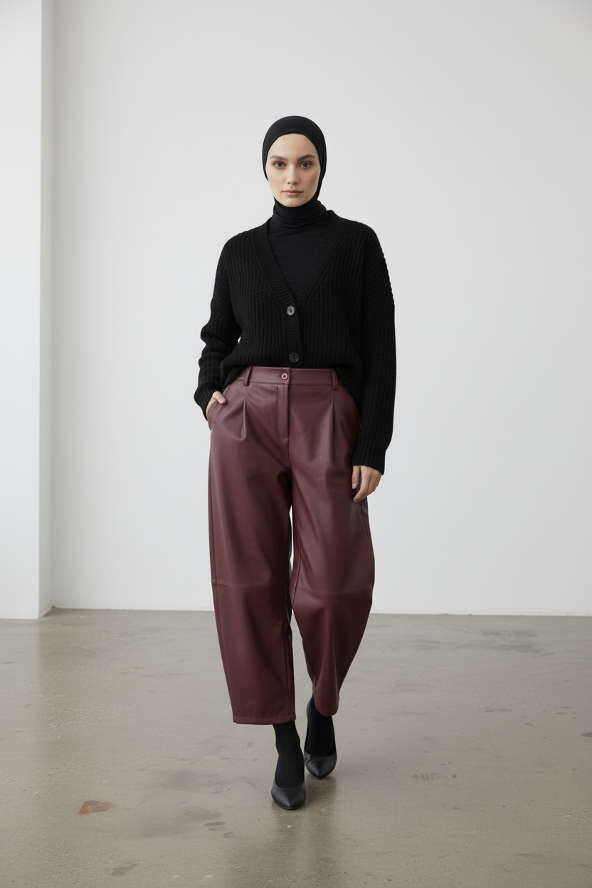 Le pantalon barrel simili Burgundy