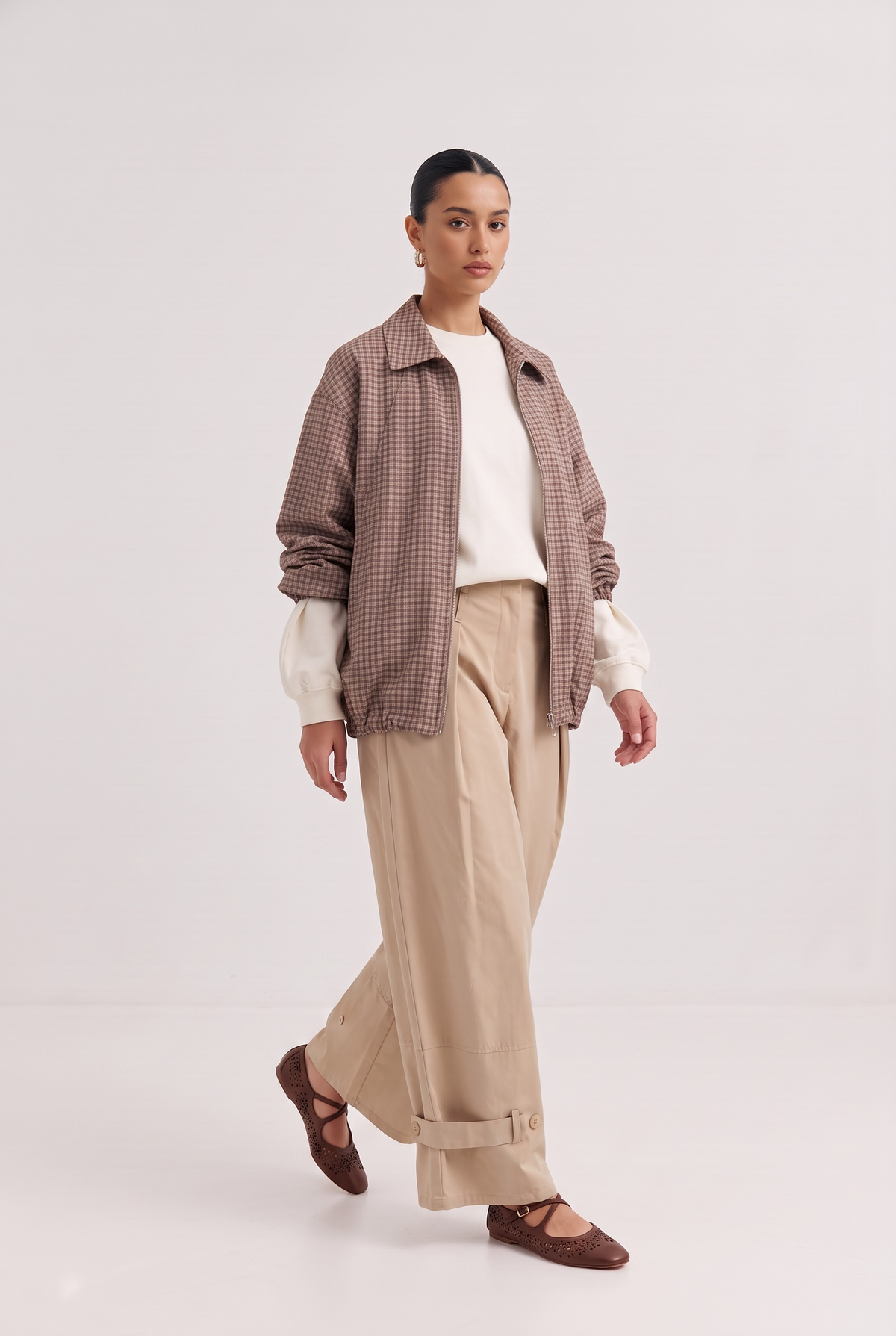 Le blouson tartan beige