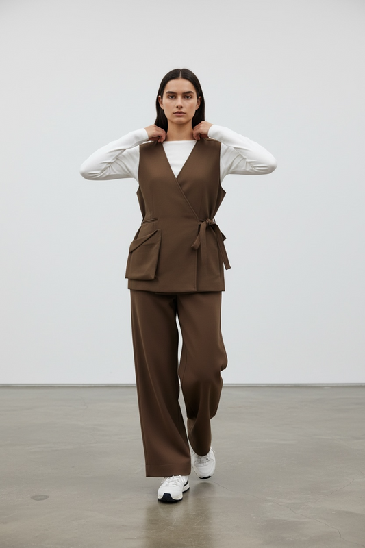 Le blazer sans manche noué chocolat