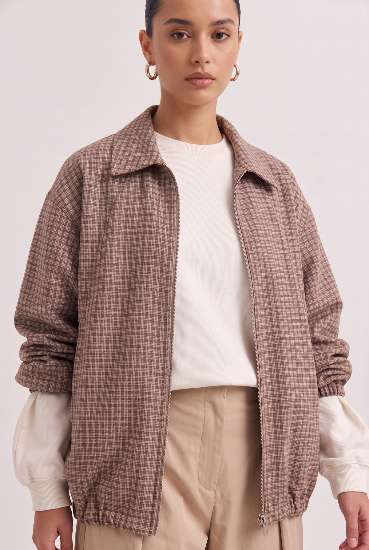 Le blouson tartan beige